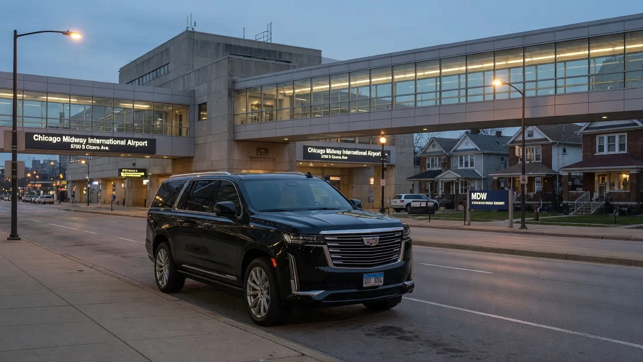 Black Cadillac Escalade outside the Chicago Midway airport terminal at dusk