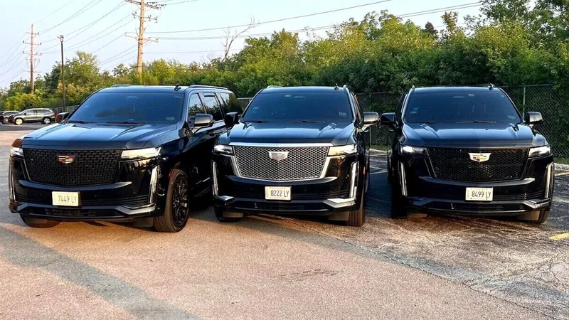 Three black Cadillac Escalades parked in a row