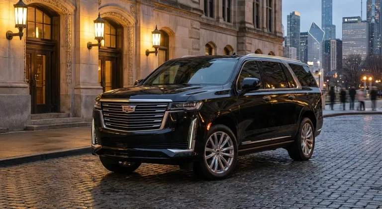 Black Cadillac Escalade on a cobblestone street downtown