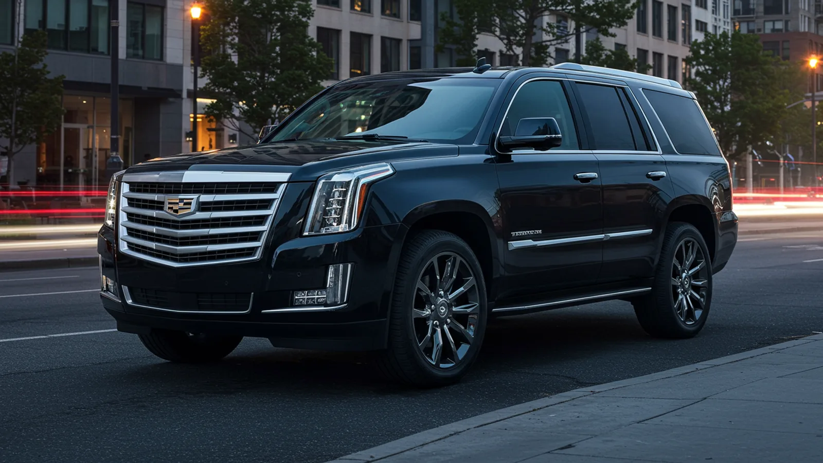 Black Cadillac Escalade luxury SUV in downtown Chicago