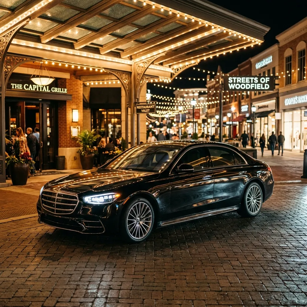 Royal Carriage executive Mercedes S-Class waiting under glowing canopies in the Hoffman Estates's premier dining district district in Hoffman Estates